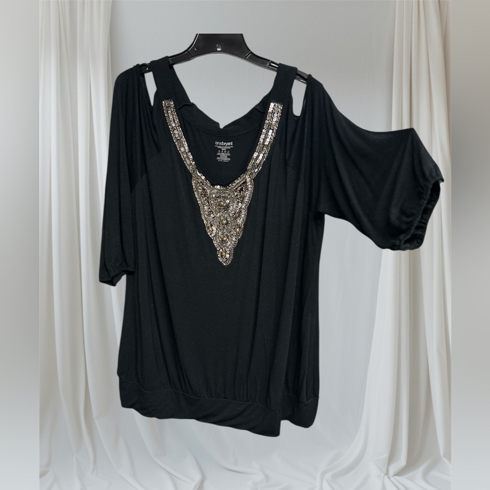 Lane Bryant Black Cold Shoulder Top with Silver and Gold Accents